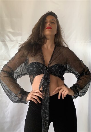 VINTAGE BLACK EMBROIDERED TIE FRONT SHEER CROP TOP