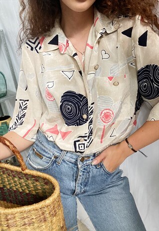VINTAGE 80S ABSTRACT PASTEL PRINT HAUTE BOHEME BLOUSE TOP