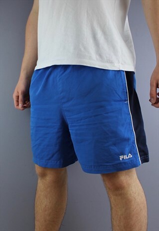 VINTAGE FILA SHORTS IN BLUE WITH POCKETS AND EMBROIDERED LOG