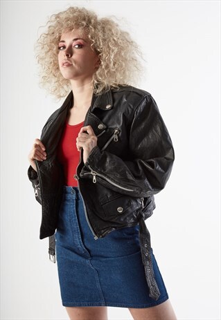 90S VINTAGE CLASSIC BLACK LEATHER BIKER JACKET