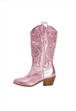 Pink Embroidered Mid-Calf Western Boots