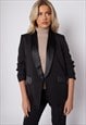 JUSTYOUROUTFIT BLACK SATIN LAPEL RUCHED SLEEVE BLAZER