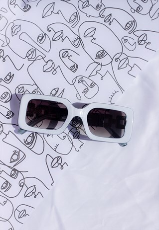 White Blue Monogram Sided Rectangle Narrow Sunglasses