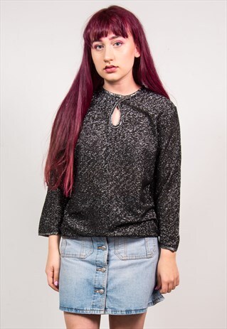 VINTAGE 70'S BLACK GLITTERY LONG SLEEVE KNIT TOP