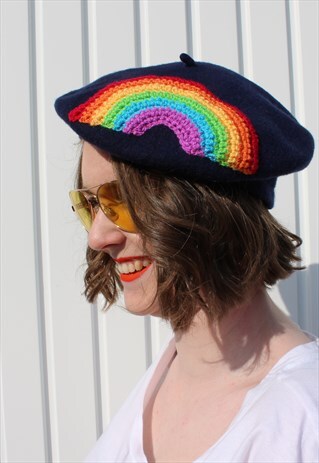 VINTAGE NAVY BLUE WOOL BERET WITH HAND KNITTED RAINBOW