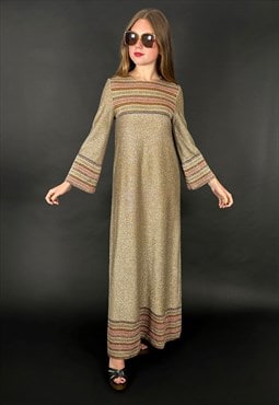 Mary Farrin Vintage 70's Gold Lurex Fluted Sleeve Maxi Dress