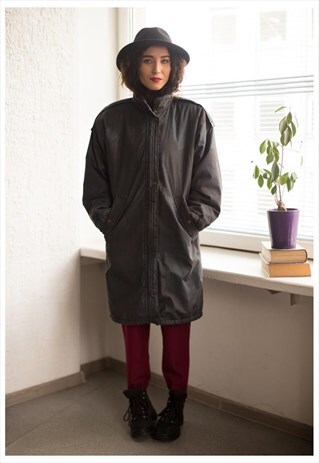 VINTAGE 90'S DARK GREY/BLUE PATTERNED PARKA COAT