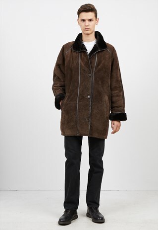 VINTAGE WINTER BROWN SAKI LEATHER SHEARLING LINING COAT