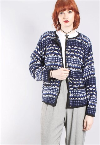 VINTAGE 80S BUTTON CARDIGAN WITH GEOMETRIC KNIT PATTERN