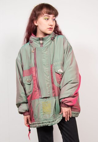 VINTAGE 90'S GREEN & RED TWO TONE PADDED SKI STYLE COAT