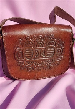 Brown Real Leather Handbag with Tooled Detail