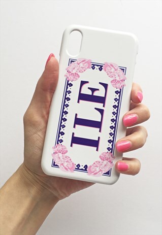 BLUE, PINK AND WHITE FLORAL FRAMED PERSONALISED PHONE CASE