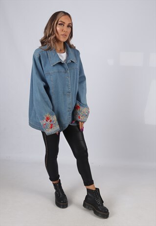 VINTAGE Y2K DENIM JACKET FLORAL EMBROIDERED UK 20 - 22 (J53S