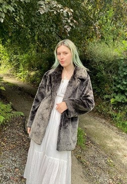 Vintage 90s Size Small Faux Fur Grey Silver Trench Coat