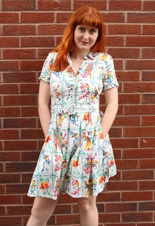 VINTAGE 80S WHITE RED FLORAL BIRD PRINT SHIRT SKATER DRESS