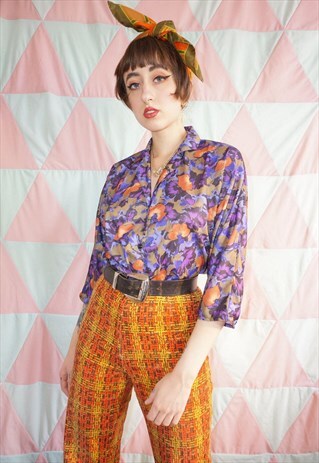 VINTAGE 80S PURPLE / ORANGE FLORAL PATTERNED SHIRT