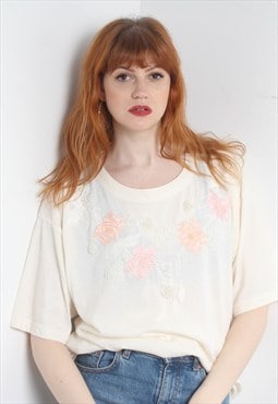 Vintage 80's Floral Embroidered T-Shirt Top Cream