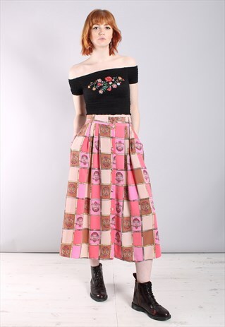 VINTAGE 80S SQUARE PATTERNED PLEAT FRONT BUTTON MIDI SKIRT
