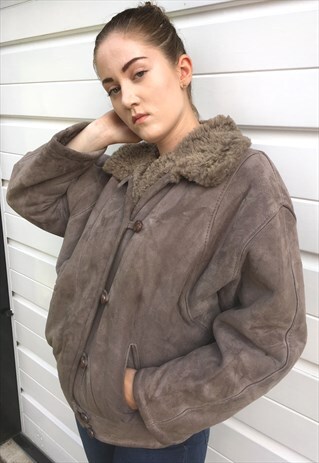 WOMENS VINTAGE 80S GREY BROWN BOMBER BATWING SHEEPSKIN COAT
