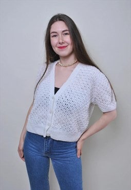 Vintage knit white blouse, retro short sleeve crop shirt 