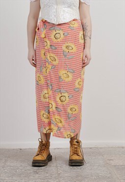 Vintage 90s Wrap Style Plaid&Floral Pattern Maxi Skirt M/L