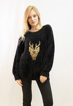 Reindeer patch embroidered fluffy jumper (BLACK)