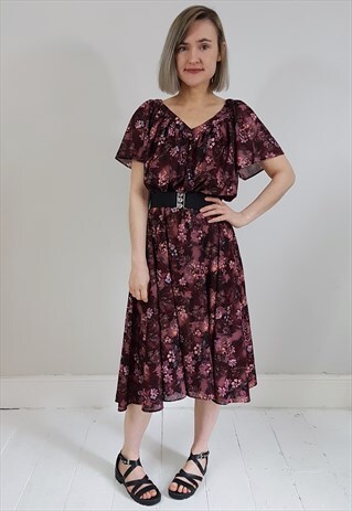 VINTAGE 70'S BURGUNDY FLORAL V NECK GATHERED DRESS