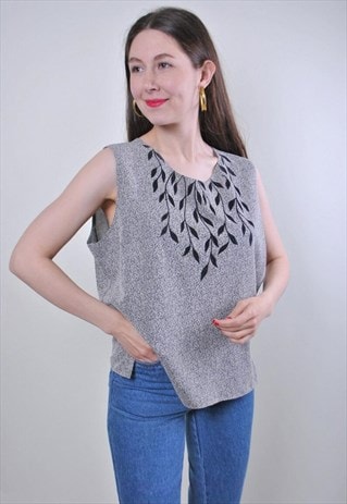 WOMEN VINTAGE GREY BLOUSE WITH NATURE PRINT 