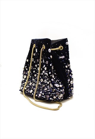 EMBELLISHED MIDNIGHT BLUE EVENING BUCKET BAG
