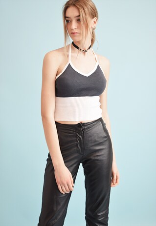 90'S RETRO RIBBED KNIT HALTER NECK TEEN CROP TOP