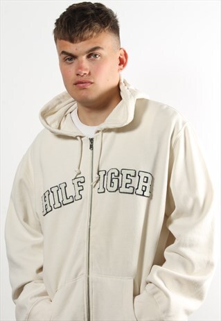 VINTAGE TOMMY HILFIGER CREAM HOODIE W/ SPELL OUT LOGO