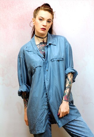 1990S VINTAGE LIGHT BLUE PURE SILK LONG SLEEVE SHIRT
