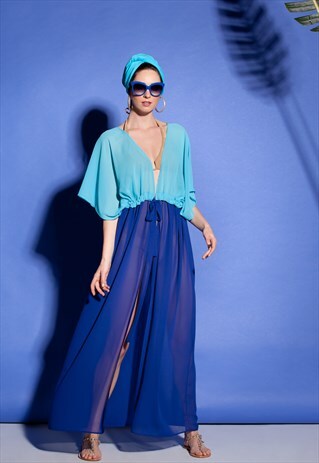 BLUE AND TURQUOISE DRESS,COVER UP,CHIFFON DRESS, BEACH DRESS