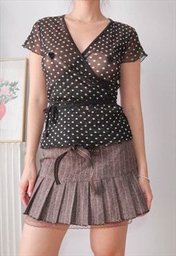 vintage y2k black polka dot mesh wrap top