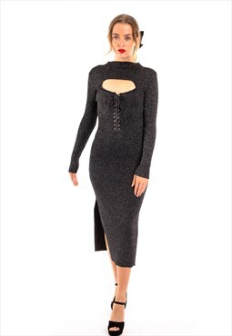 Lace up and cut out design Metallic midi bodycon dress 