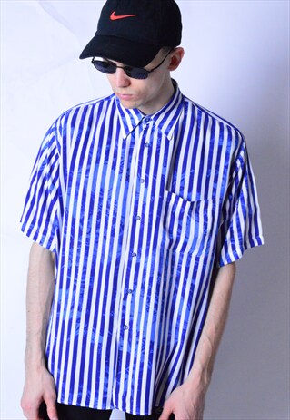 VINTAGE 90S BLUE WHITE STRIPPED SHORT SLEEVE SHIRT