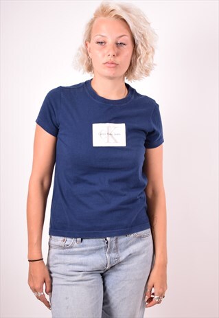 CALVIN KLEIN WOMENS VINTAGE T-SHIRT TOP MEDIUM BLUE 90S