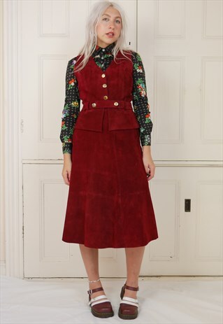 VINTAGE 70S BURGUNDY WAISTCOAT AND SKIRT SUIT