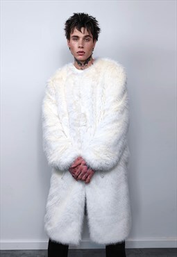 Collarless long faux fur coat luxury fleece trench jacket 