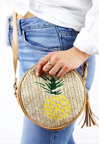 PINEAPPLE WOVEN CROSS BODY RATTAN STRAW TASSEL ROUND BAG