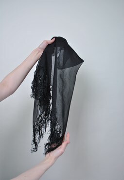 Black lace hair scarf, vintage boho headscarf, 80s tie lace 