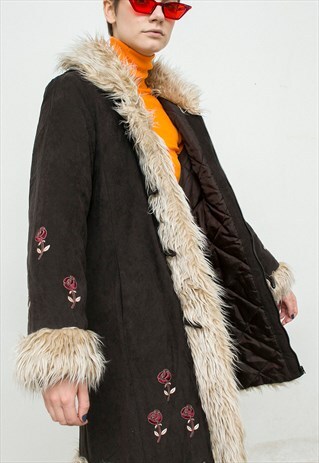 VINTAGE PENNY LANE COAT BROWN LONG ALMOST FAMOUS SHEARLING
