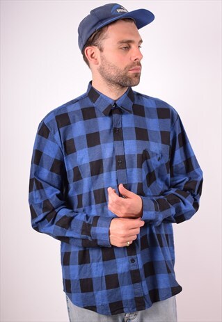 MENS VINTAGE SHIRT LARGE BLUE CHECK 90S