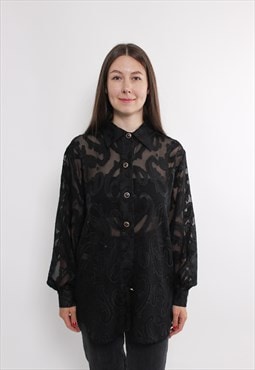 80s paisley print sheer blouse, vintage button details 