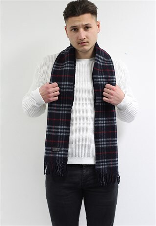 VINTAGE LAMBSWOOL CHECKED SCARF NAVY-AS199