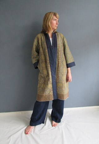 KIMONO STYLE KHAKI KANTHA STITCHED JACKET
