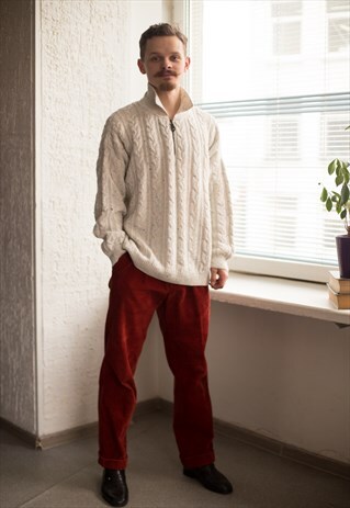 VINTAGE 90'S WHITE HALF ZIP KNITTED JUMPER