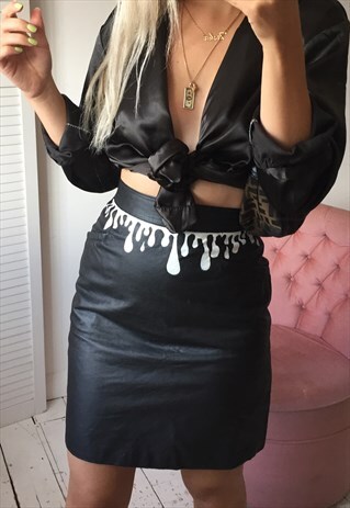 VINTAGE 80S BLACK PATCHWORK LEATHER PENCIL SKIRT