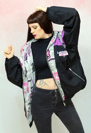 1980S VINTAGE NEWSPAPER PRINT OVERSIZED SHELL TRACK JACKET
