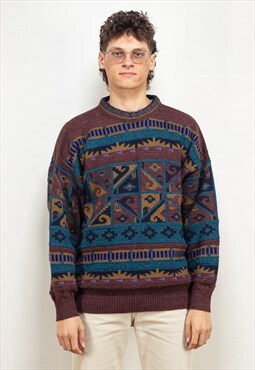 Vintage 90's Men Aztec Crewneck Sweater in Brown